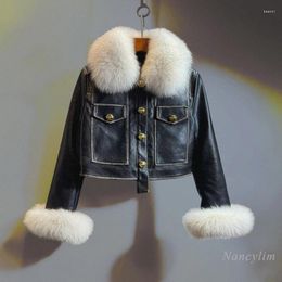 Women's Leather Temperament Black Jacket Women 2023 Winter Real Fur Down Liner Short High Waist PU Coat Slim-Fitting Coats