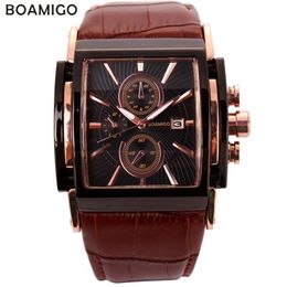 BOAMIGO men quartz watches large dial fashion casual sports watches rose gold sub dials clock brown leather male wrist watches 2103084