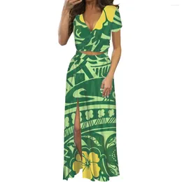 Party Dresses Polynesian Tribal Samoan Totem Dress Green Leaf Prints Sexy V-Neck Short Sleeve One-Piece Beach Gown For