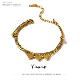 Bangle Yhpup Romantic Heart Stainless Steel Bracelet for Women Charm Gold Colour Snake Chain Layered Jewellery Girlfriend Gift 231219