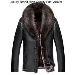 Men's Fur Faux Winter Mens Clothing Natural Raccoon Sheep Genuine Leather Long Sleeve Button Casual Slim Fit Coat Office Business Jacket 231218