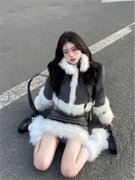 Two Piece Dress Short Fuax Fur Jacket Sets Women Lapel Winter Coat High Waist Warm Mini Skirts 2 Pieces Suits Vintage Female Thick OL 231218