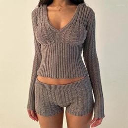Women's Tracksuits Hirigin Cottage Kink Knitted 2 Piece Set Women Cropped Sweater Pullovers Slim Fit Shorts Vintage Zipper Cardigans Hooded