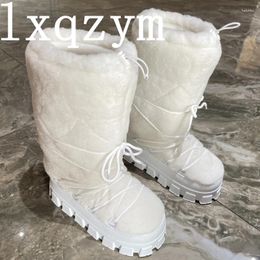 Boots 2023 Arrive Women Platform Snow Round Toe Ladies Thick Bottom Lace Up Height Increasing Warm Fur Mid Calf Long