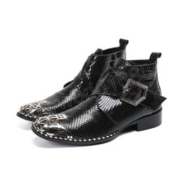 Metal Decor Black Leather Boots for Men Trendy Round Head Men's Short Boots Zip Office Dress Ankle Boots