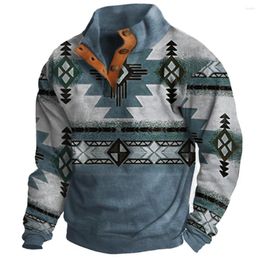 Men's Sweaters Autumn Button Vintage Hoodie For Men Pattern Print Fashion Oversized Clothing Casual Sweatshirt Long Sleeve Pullover Tops