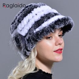 Wide Brim Hats Bucket Winter Rabbit Fur Caps for Women Floral Natural Rex Elastic Beanies Warm Fashion Ladies Snow Hat LQ11205 231218