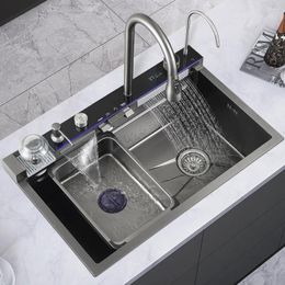 Kitchen Faucets Modern Large Single Slot Multifunction Sink Anti-scratch Led Digital Display Waterfall With Cup Washer