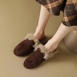 Slippers Half Slippers Women Winter Rabbit Hair Slipers Outdoor Flat Heel Women Mules Fluffy Slippers Fashion Women's Footwear 231219