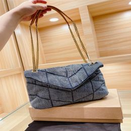 New Blue Suede Shoulder Bag Top Layer Cowhide Chain Rectangular Double Strap V Line Messenger Letter Buckle Ladies Fashion 210H
