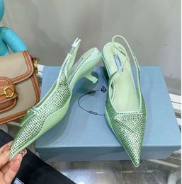 Kitten-Heel Slingback Pumps shoes Crystal-Embellished rhinestone padded Evening point toe Heels sandals women heeled Luxury Designer Dress shoe factory 4400ess