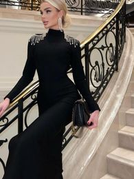 Casual Dresses Ahagaga Fashion Style Noble Dignified Rhinestone Tassel Open Back Formal Dress Long Sleeve Split Slim Fit