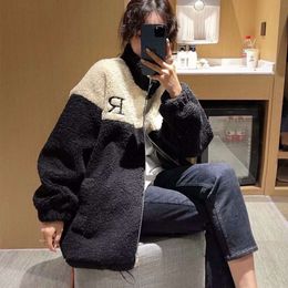 300kg Oversized Loose Lamb Cashmere Cardigan Hoodie for Women, Plump Mm Autumn and Winter Plush Thickened Embroidery Color Matching Jacket