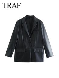Women's Suits Blazers TRAF Autumn Faux Leather Casual Blazer Fashionable Long Sleeve Single Button Unisex Office Suit Y2K 231219