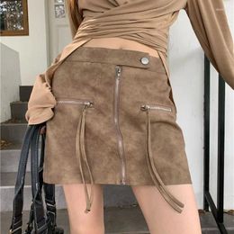 Skirts American Brown High Waisted Straight Short Skirt Sexy Spicy Tight Fitting Horizontal Double Zipper Wrapped Buttocks Leather