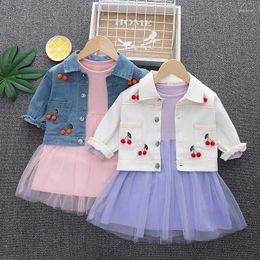 Clothing Sets Baby Girl Dress Suit Toddler Spring Autumn Long Sleeve Lapel Coat Mesh 2Pcs Set Children Cute Sweetheart Outfit