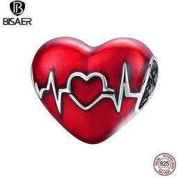 BISAER Heartbeat Beads 925 Sterling Silver Red Enamel Heart Charms Fit Bracelet Necklace Pendant Wedding Jewellery ECC1569 Q0531308z