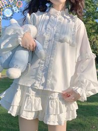 Women's Blouses KIMOKOKM Sweet Girly Single-breasted Lolita Shirt Ruffled Half High Collar Lace Kawaii Flare Sleeve Cute Sweetheart Shir