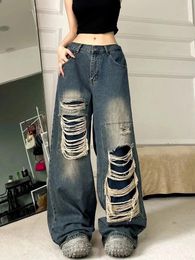 Women's Jeans Jmprs Y2K Vintage Black Hole Women Bf High Waist Hip Hop Ripped Loose Wide Leg Pants Korean Straight Denim