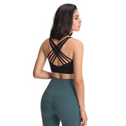 LU Yoga Bra Skin-friendly Women Brassiere Fashion Tops Sexy Cross Strap Tank Lady Underwear Fitness Vest with Removable Cups