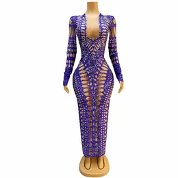 Stage Wear Sparkly Purple Rhinestones Sexy Hollow Dress Evening Birthday Celebrate Long Sleeves Costume Prom Dance Outfit