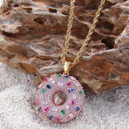 Iced Out Colourful Donuts Pendant Necklace Fashion Mens Womens Couples Hip Hop Rose Gold Necklaces Jewelry2466