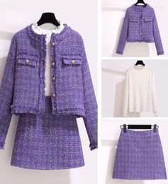 Work Dresses Women Elegant Tweed Fragrant Warm Suit Jacke Coat Sweater Top And Skirt Three Piece Sets Outfit Winter Jacquard Fashion