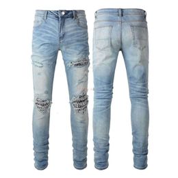 Designer Clothing Amires Jeans Denim Pants Amies High Street Fashion Mens Pleated Wrinkles Cashew Flower Pattern Patches Broken Holes Light Blue Slim Fit Small Fee