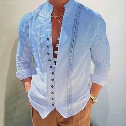 Men's Casual Shirts Comfortable Loose Fit Long Sleeve Shirt Stand Collar Button Down Top Gray/Khaki/Orange/Green/Purple/Blue