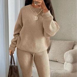 Tracksuits Autumn and winter leisure pit striped knitted suit for women's solid ultra-thin pants Y2K street clothing two-piece family set O-neck top pull-out set 231219