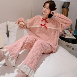 Women's Sleepwear Ladies Bathrobe Autumn Winter Bowknot Pajamas Flannel Nightgowns Suit Warm Home Wear Sexy Nightwear Solid Color