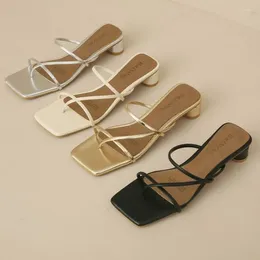 Slippers Summer Women's Modern Fashion Square Toe Low Heel Slides Shoes Street Casual Leather Narrow Band Flip-flops