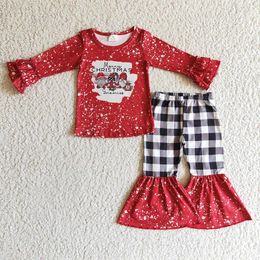 Clothing Sets Wholesale Toddler Merry Christmas Set Red Ruffle Long Sleeve Santa Shirt Children Baby Girl Plaid Bell Bottom Pants Outfit