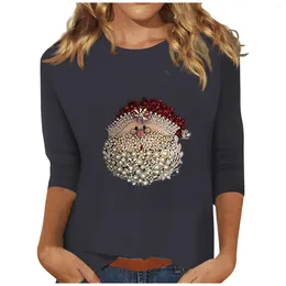 Women's T Shirts Christmas For Women Santa Claus Printed 3/4 Sleeve Tops Blouses Dressy Casual Crew Neck Tee