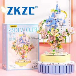 Model Building Kits Creative LED Flower Castle Hanging Garden Music Box With Lights Building Blocks MOC Bricks Decoration Toys Valentine GiftsL231216