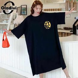 Dresses Oladivi Good Quality Casual Cotton Shirt Dresses Women Print Oversized LongTunic Spring Summer New Robe Vestidios Black Orange