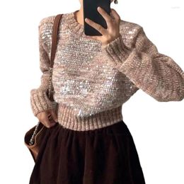 Women's Sweaters Women 2023 Autumn Winter French Sequin Knit Top Outwear Pullover Round Neck Short Slim Pull Femme