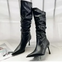 Boots Fashion Pointed Pleated High Barrel Women Trendy Thin Heel Stacked Knee Long 2024