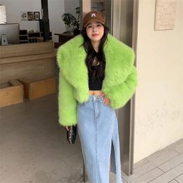 Women's Fur 2024 Elegant Fashion Women Winter Jacket Green Collar Thickened Warm Faux Lady Short Coat Casual Parkas