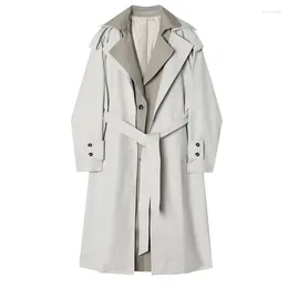 Women's Trench Coats MUXI Women Gray Color-block Big Size Lapel Long Sleeve Loose Fit Windbreaker Tide Spring Autumn Outerwear &