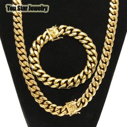 High Quality Stainless Steel Jewellery Sets 18K Gold Plated Dragon Latch Clasp Cuban Link Necklace & Bracelets For Mens Curb Chain 1243p