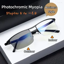 Sunglasses Vintage Business Half Frame Pochromic Myopia Glasses Metal Near Sight Eyeglasses Finished Minus Eyewear Diopter 0 To -6.0