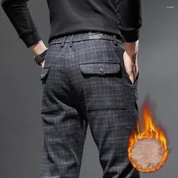 Men's Pants Autumn Winter High Quality Fleece Lattice Causal Men Business Slim Fashion Elegant Warm Stretch Straight Trousers