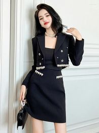 Two Piece Dress Elegant Fashionable 2 Pieces Outfits Women Black Pearl Flower Long Short Tops Suit Jacket Coat Skirt Sets Party Business