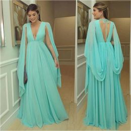 Vintage Mavi Akşam Pageant Elbise 2024 V Yastık Sırtsız Kap Sleeves Chiffon Dubai Arapça Kadınlar Balo Resmi Elbise Robe De Soiree