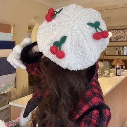 Berets Korean Cherry Lamb Wool Warm Beret Hat Women Big Head Bud Painter Japanese Woollen