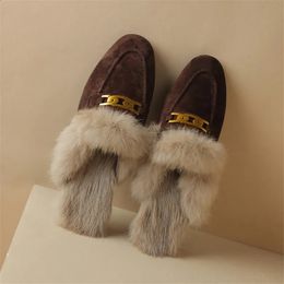 Sheep Hair Winter Suede Rabbit Mules Shoes for Women Round Low Chunky Heel Cover Toe Slippers