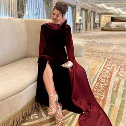 Elegant Beading Mermaid Evening Dresses Dark Red Veet Formal Dress O Neck Long Sleeve Arabic Dubai Prom Gown For Women 326 326