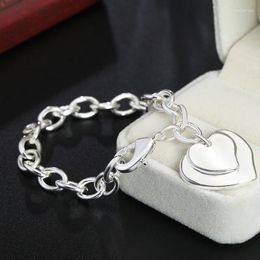 Charm Bracelets Style 925 Sterling Silver Double Heart Pendant Bracelet For Women Wedding Engagement Fashion Glamour Party Jewelry