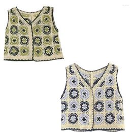Women's Tanks Women Hollow Crochet Knit Vest Waistcoat Embroidery Colourful Floral Sleeveless Cardigan Button Crop Top